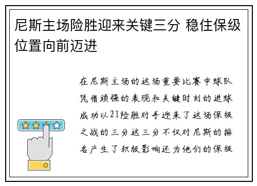 尼斯主场险胜迎来关键三分 稳住保级位置向前迈进