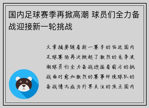 国内足球赛季再掀高潮 球员们全力备战迎接新一轮挑战