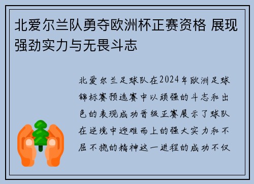 北爱尔兰队勇夺欧洲杯正赛资格 展现强劲实力与无畏斗志