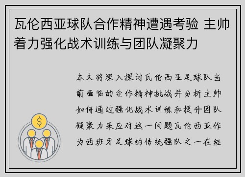 瓦伦西亚球队合作精神遭遇考验 主帅着力强化战术训练与团队凝聚力