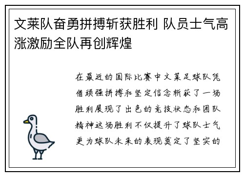 文莱队奋勇拼搏斩获胜利 队员士气高涨激励全队再创辉煌